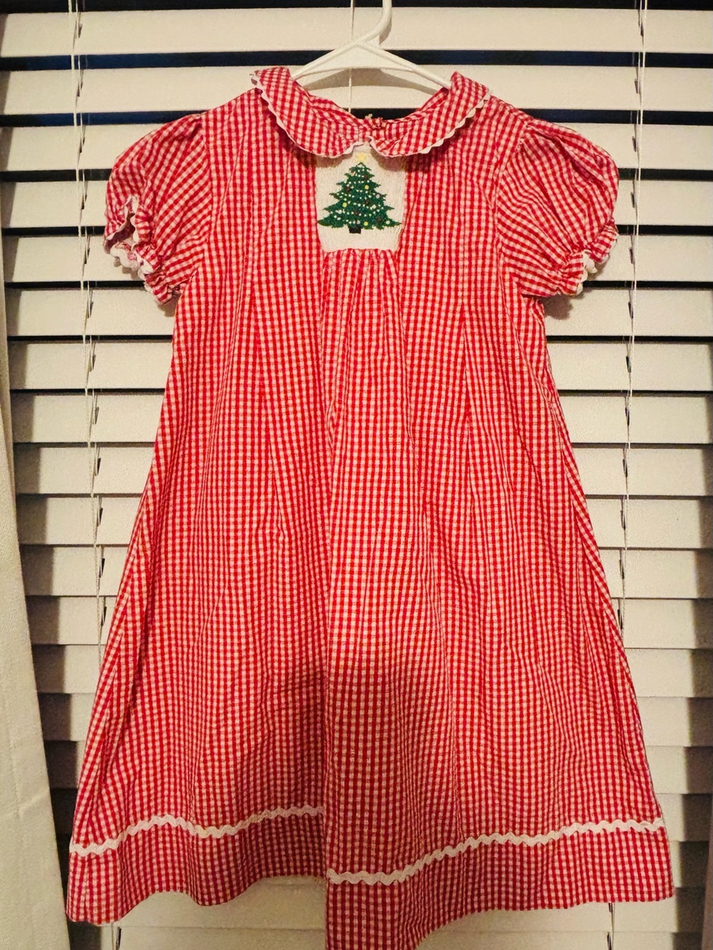 Red Gingham Holiday Dress with Green Christmas Tree Smocking